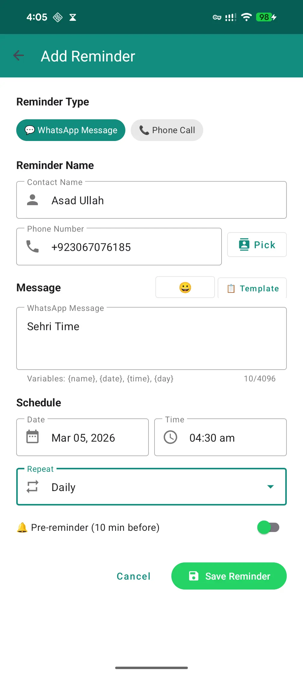Setting Call & Chat Reminder